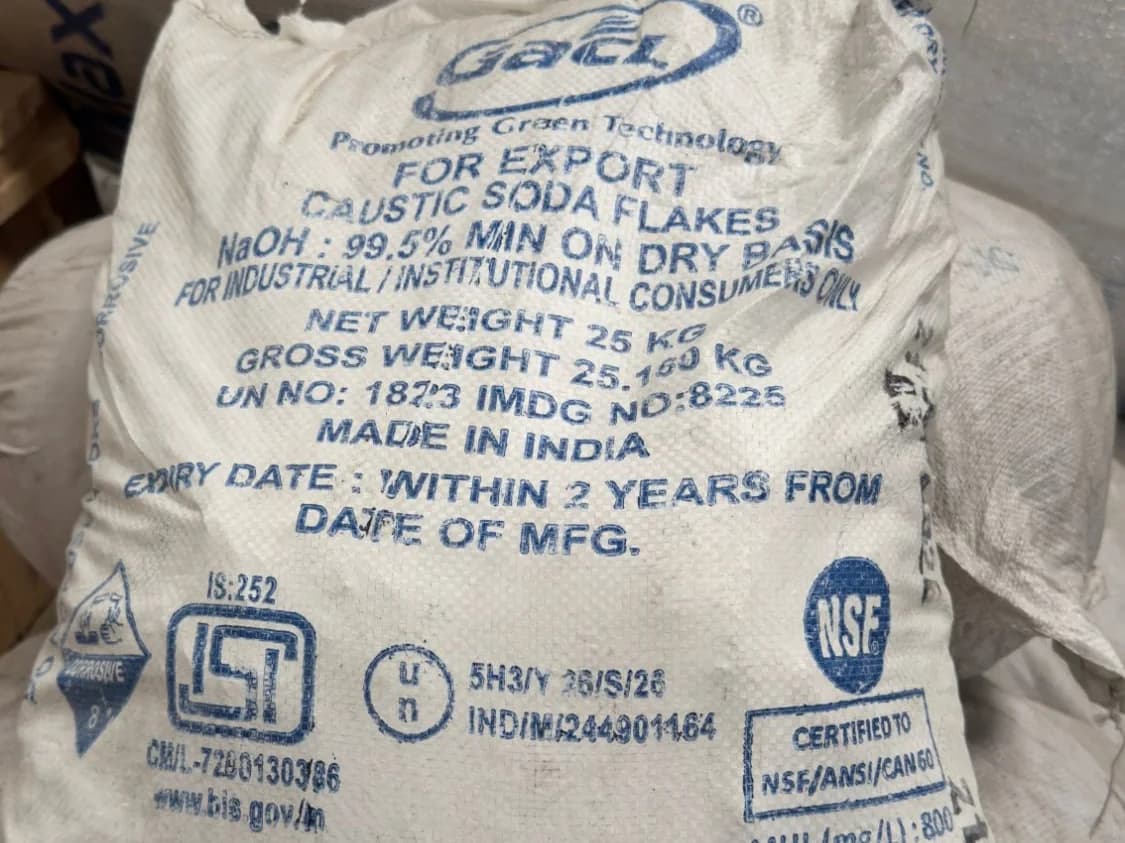 25 kg sack of caustic soda flakes in the store