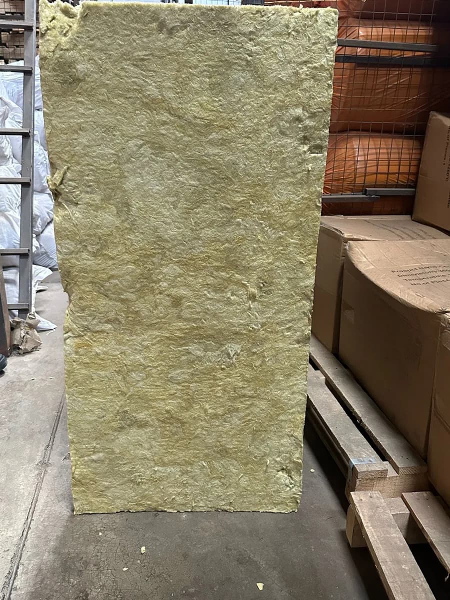 Rockwool mineral wool insulation slab standing in a warehouse