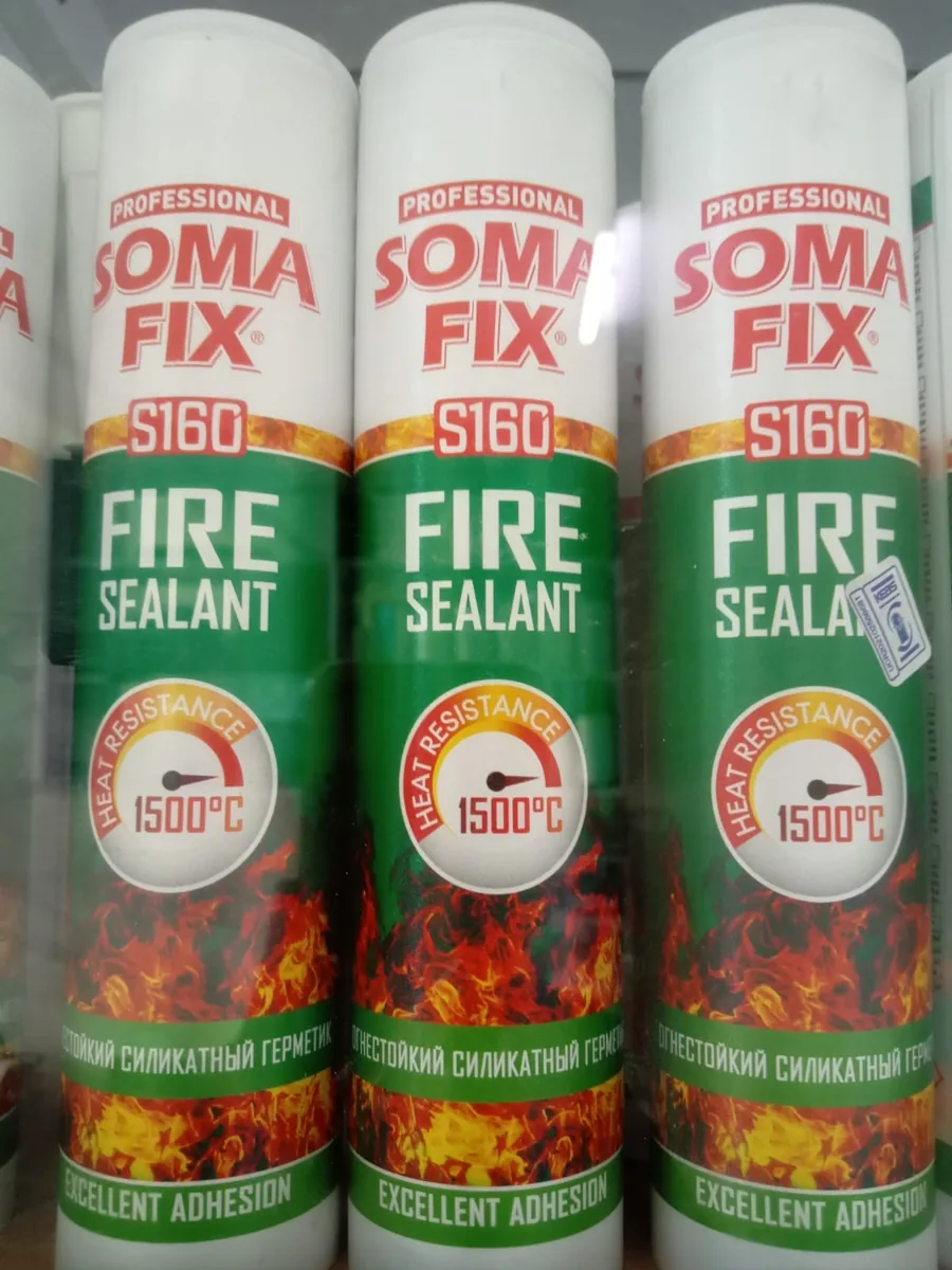 Somafix S160 fire sealant cartridges on a shelf